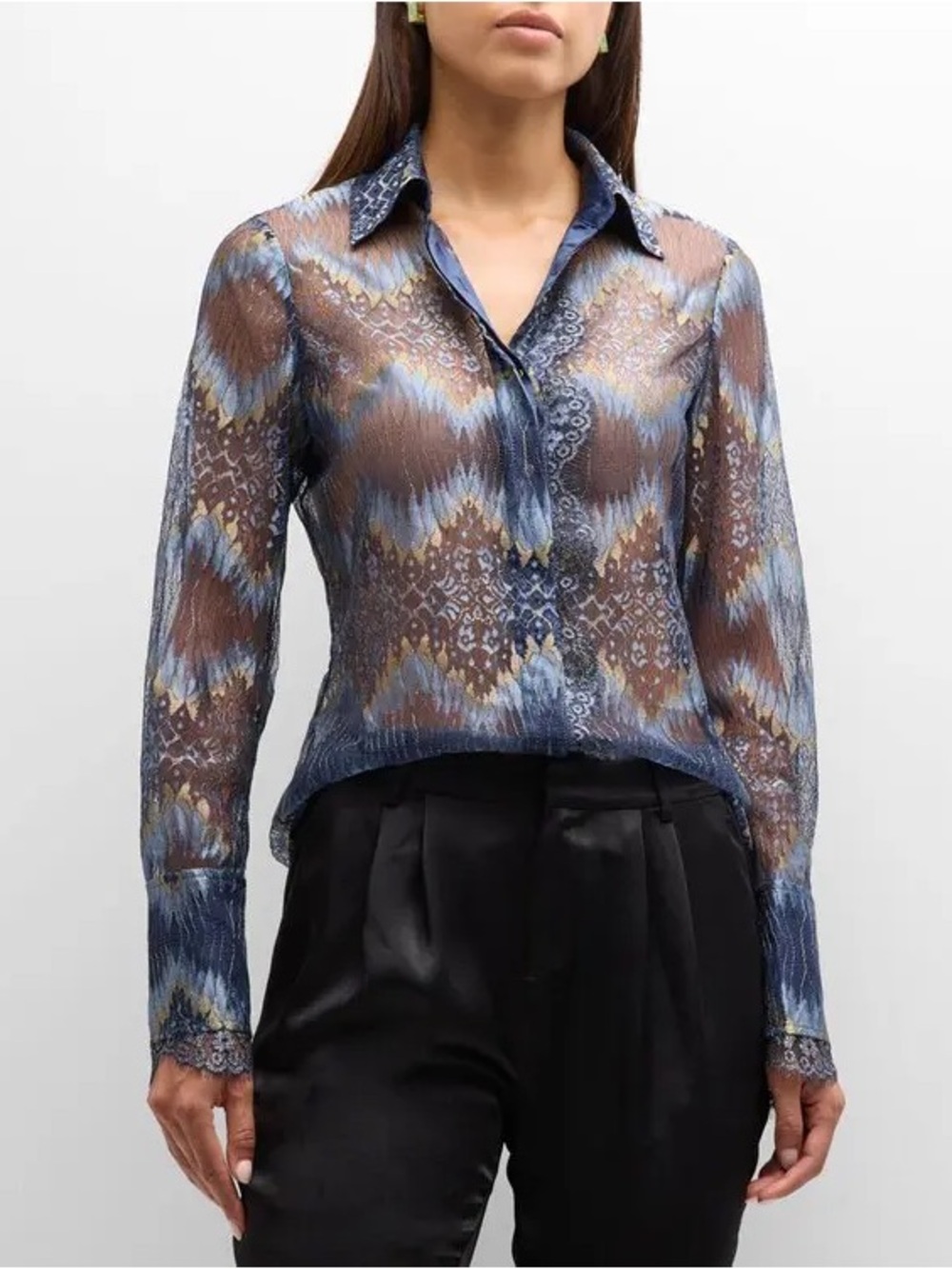 Ramy Brook Sheer Abstract-Print Button-Front Blouse in Blue and Brown